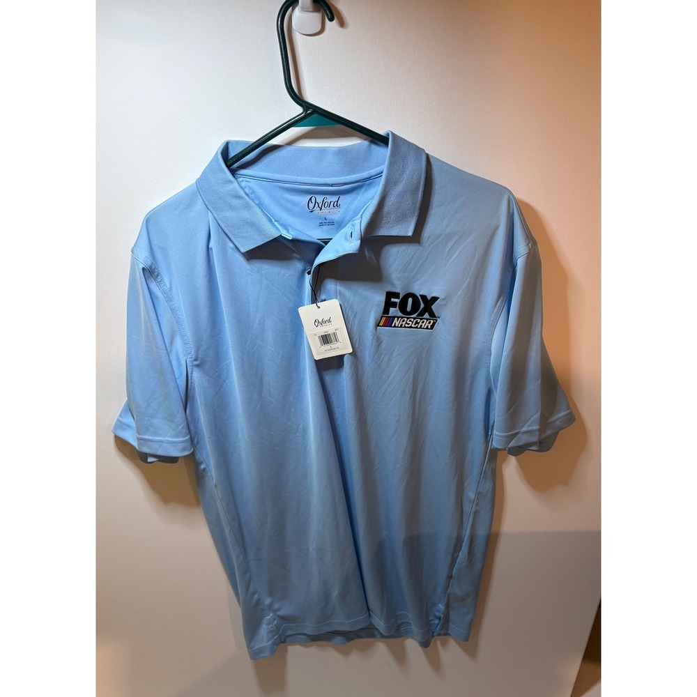 NWT Oxford Golf Men's Large Polo Shirt Light Blue FOX NASCAR Racing Short Sleeve